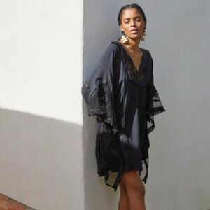 Anthropologie Cover Up Womens Black Small XS Embroidered Lace Kimono Style Dress